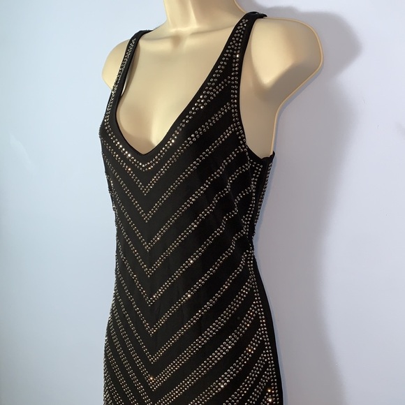 Cache vintage studded rhinestone little black dress Dress stretch sleeveless SML - Picture 4 of 10